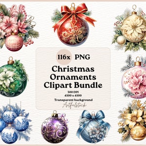 Watercolor Christmas Ornaments Clipart, Christmas Decoration, Christmas PNG, Ornaments Clipart, Christmas Clipart Bundle, Baubles Clipart