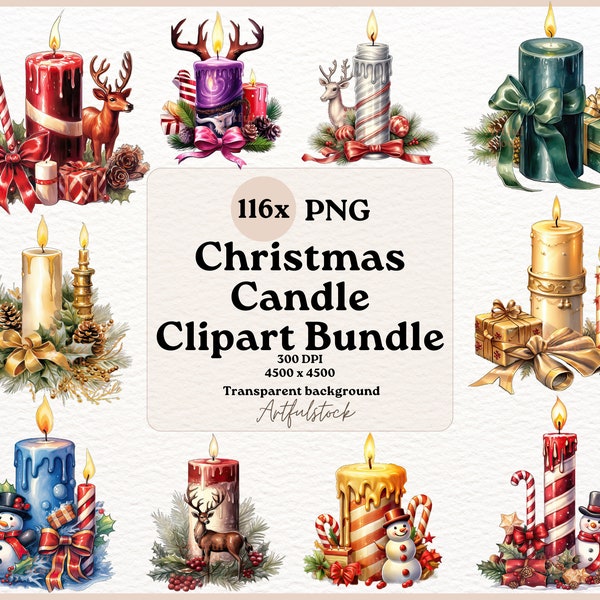 116x Christmas Candle Clipart, Watercolor Christmas Candle Clipart, Christmas Candle Graphics, Holiday Candle Clipart, Christmas Clipart