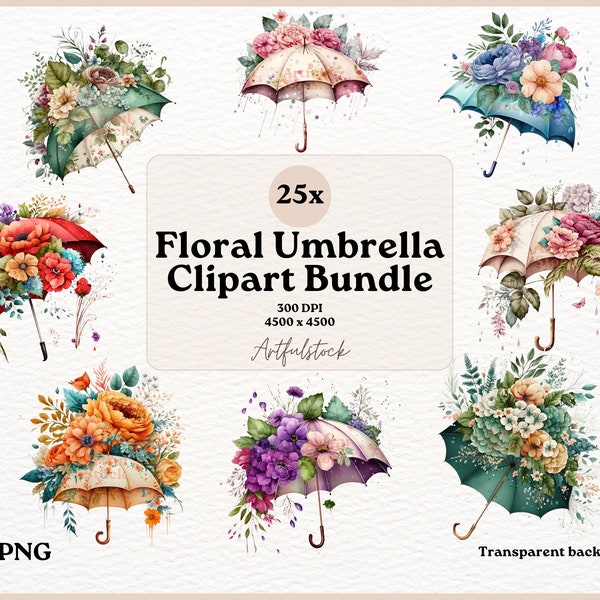 Elegant Watercolor Floral Umbrella Clipart Bundle - Vibrant Colorful PNG Set for Invitations, Scrapbooking & Design Projects