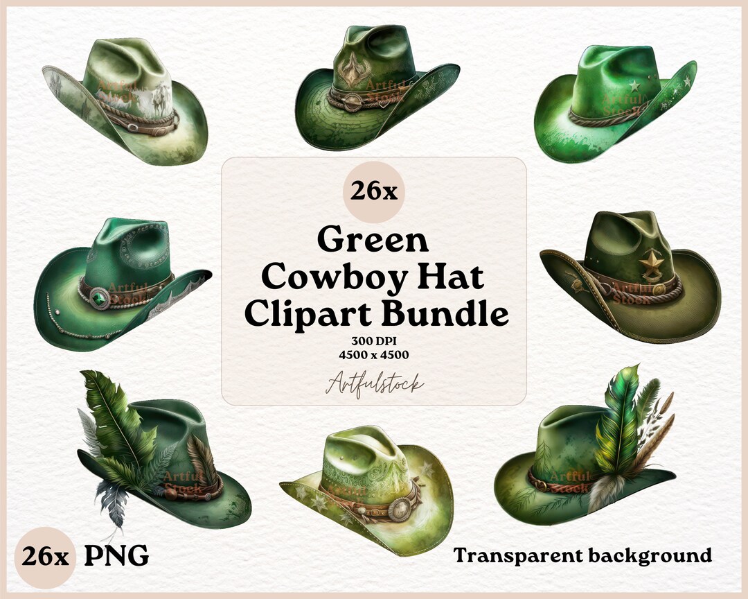 Green Cowboy Hat Clipart, Cowboy Hat Clipart, Watercolor Cowboy Hat
