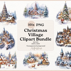 Watercolor Christmas Village Clipart, Christmas Village Clipart, Winter Holiday Scene, Christmas Clipart, Holiday Village Clipart