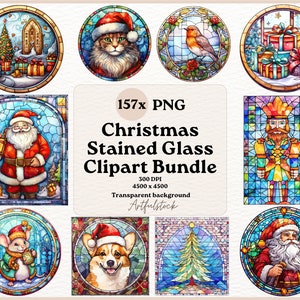 157x Christmas Stained Glass, Christmas Stained Glass PNG, Transparent Background, Digital Paper, Junk Journal, Scrapbooking, Commercial Use