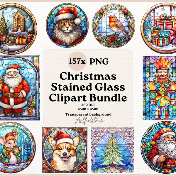 157x Christmas Stained Glass, Christmas Stained Glass PNG, Transparent Background, Digital Paper, Junk Journal, Scrapbooking, Commercial Use