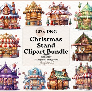 107x Christmas Stand Clipart, Christmas Storefronts Watercolor Clipart Bundle, Holiday Shop Graphics, Festive Stand Illustrations