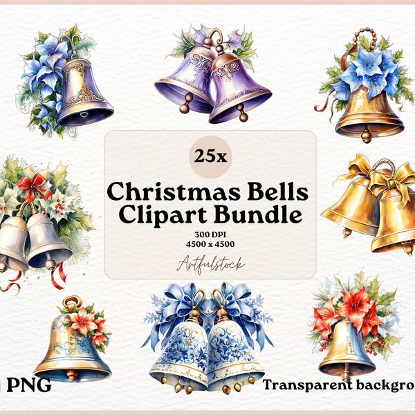 25 Watercolor Christmas Bells clipart, Christmas Clipart, Christmas Decoration Clipart, Winter Clipart, Ideal for Sublimation, Christmas PNG