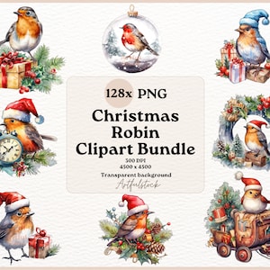 Weihnachten Rotkehlchen Clipart, Rotkehlchen Clipart, 128x PNG, digitales Papier Handwerk, Weihnachten Rotkehlchen, Weihnachtscliparts, Kartenherstellung, Sublimation