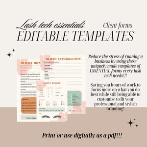 Könnte beinhalten: Bearbeitbare Vorlagen für Wimperntechniker, darunter ein Kundenberatungsformular und ein Kundenprotokollformular. Die Formulare sind rosa und grün mit floralen Akzenten. Der Text "Client forms" und "Editable Templates" ist in brauner Schrift. Der Text "Reduce the stress of running a business by using these uniquely made templates of ESSENTIAL forms every lash tech needs!!!" ist in schwarzer Schrift. Der Text "Saving you hours of work to focus more on what you do best while still being able to customise to fit your professional and stylish branding!" ist in schwarzer Schrift. Der Text "Print or use digitally as a pdf!!!" ist in brauner Schrift.