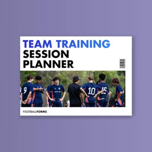 May include: A Team Training Session Planner document featuring the text "TEAM TRAINING SESSION PLANNER" and "FOOTBALL FORMS" with a photograph of a soccer team in dark blue and orange jerseys standing on a field with a barcode on the right side.