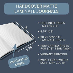 May include: An open hardcover journal with lined pages, measuring 14.6 x 20.3 cm. The journal features a matte laminate cover, perforated pages, and vibrant printing. The text on the image reads "HARDCOVER MATTE LAMINATE JOURNALS".