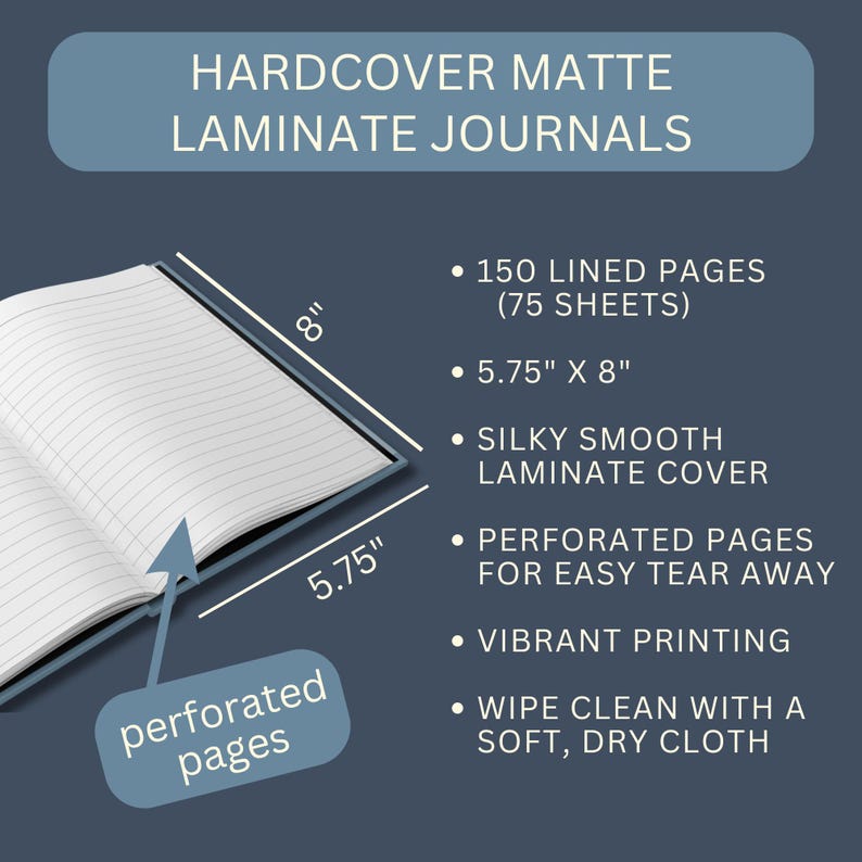 May include: An open hardcover journal with lined pages, measuring 14.6 x 20.3 cm. The journal features a matte laminate cover, perforated pages, and vibrant printing. The text on the image reads "HARDCOVER MATTE LAMINATE JOURNALS".