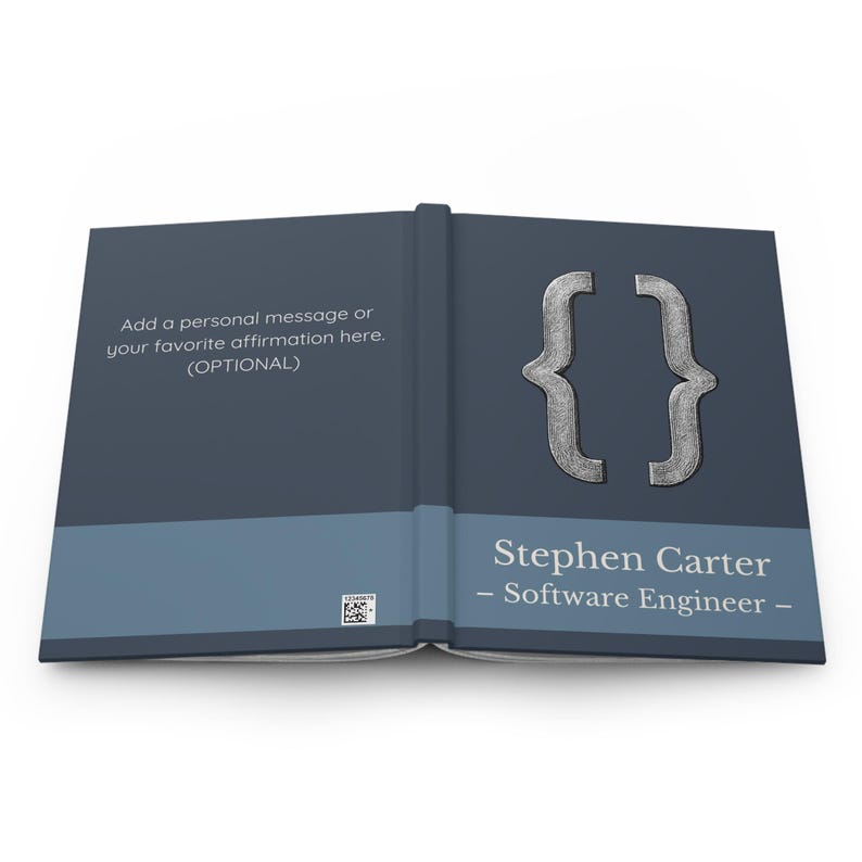 May include: Open book with a dark blue cover and a light blue horizontal stripe. The right side features a silver bracket symbol and the name "Stephen Carter - Software Engineer -." The left side has the text: "Add a personal message or your favourite affirmation here. (OPTIONAL)"