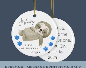 PERSONALIZED CHRISMUKKAH ORNAMENT, Baby Sloth, Baby&#39;s First Chrismukkah 2025 Ceramic Ornaments, Two Holidays, Baby Girl, Boy, Custom Message