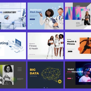 Op de afbeelding: Negen kleurrijke digitale marketing pitch deck sjablonen met verschillende thema's, waaronder gezondheidszorg, fitness en technologie. De sjablonen bevatten afbeeldingen van mensen, pictogrammen en tekst.