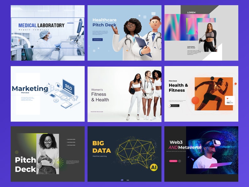 Op de afbeelding: Negen kleurrijke digitale marketing pitch deck sjablonen met verschillende thema's, waaronder gezondheidszorg, fitness en technologie. De sjablonen bevatten afbeeldingen van mensen, pictogrammen en tekst.