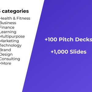 Op de afbeelding: Een paarse achtergrond met witte tekst die " +100 Pitch Decks" en " +1.000 Slides" luidt. Een witte kolom aan de linkerkant van de afbeelding geeft 15 categorie&euml;n van pitch decks weer, waaronder Gezondheid & Fitness, Zakelijk, Financi&euml;n, Leren, Multifunctioneel, Marketing, Technologie, Merk, Ontwerp, Advies en +Meer.