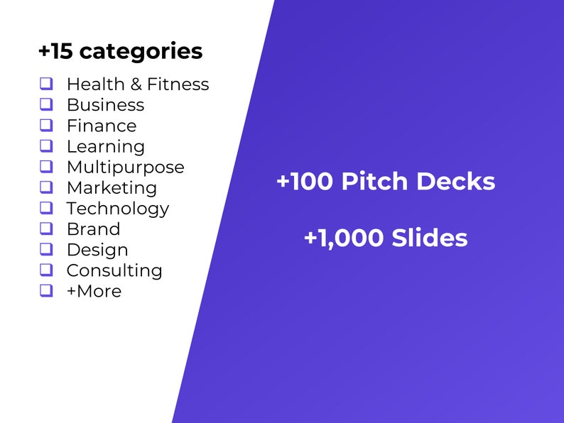Op de afbeelding: Een paarse achtergrond met witte tekst die " +100 Pitch Decks" en " +1.000 Slides" luidt. Een witte kolom aan de linkerkant van de afbeelding geeft 15 categorie&euml;n van pitch decks weer, waaronder Gezondheid & Fitness, Zakelijk, Financi&euml;n, Leren, Multifunctioneel, Marketing, Technologie, Merk, Ontwerp, Advies en +Meer.