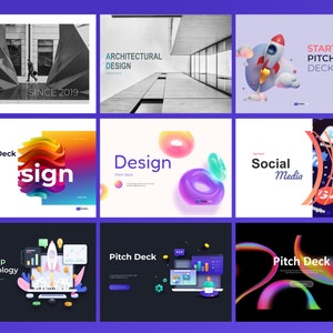 Op de afbeelding: Een verzameling van negen kleurrijke en abstracte pitch deck-sjablonen. De sjablonen bevatten verschillende ontwerpen, waaronder een raket, een social media-icoon en een 3D-bord. De tekst "Start Up Pitch Deck" staat op een van de sjablonen.