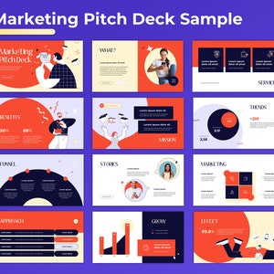 Op de afbeelding: Een voorbeeld van een marketing pitch deck met een rood en wit kleurenschema. De dia's bevatten tekst, grafieken en illustraties. De tekst bevat de woorden "Marketing Pitch Deck", "Wat?", "Voordelen", "Trechter", "Aanpak", "Verhalen", "Service", "Trends", "Missie", "Marketing", "Groeien" en "Effect".