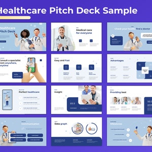 Op de afbeelding: Een voorbeeld van een healthcare pitch deck met illustraties van artsen en medische zorg. De dia's bevatten titels zoals "Healthcare Pitch Deck", "Medische zorg voor iedereen", "Raadpleeg een specialist", "Eenvoudig en snel", "Voordelen", "Perfecte gezondheidszorg", "Inzicht", "Beste levering", "Communicatie", "Datagraaf" en "Mijlpalen".