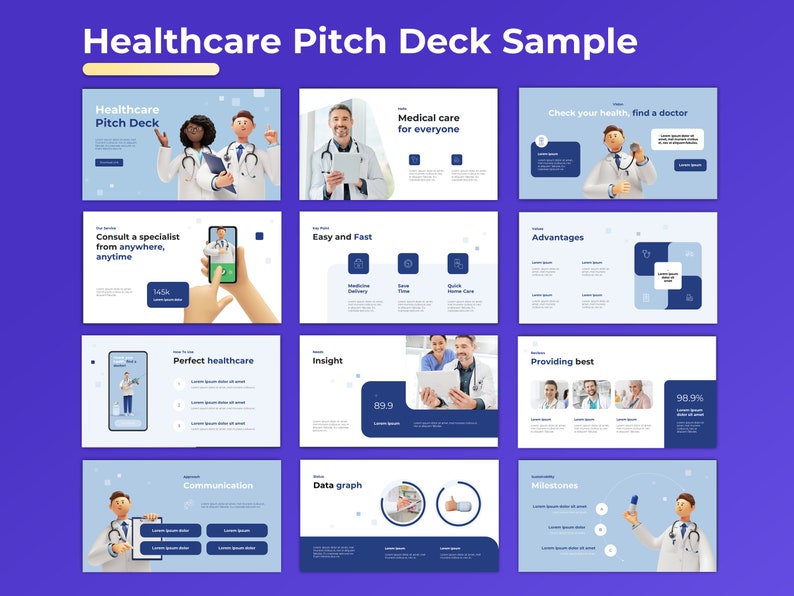 Op de afbeelding: Een voorbeeld van een healthcare pitch deck met illustraties van artsen en medische zorg. De dia's bevatten titels zoals "Healthcare Pitch Deck", "Medische zorg voor iedereen", "Raadpleeg een specialist", "Eenvoudig en snel", "Voordelen", "Perfecte gezondheidszorg", "Inzicht", "Beste levering", "Communicatie", "Datagraaf" en "Mijlpalen".