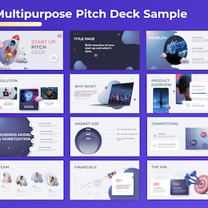 Op de afbeelding: Een voorbeeld pitchdeck-sjabloon met een blauwe en paarse achtergrond. De dia's bevatten titels zoals "Start Up Pitch Deck", "Probleem", "Oplossing", "Waarom nu?", "Product Overzicht", "Bedrijfsmodel & Monetisatie", "Markt Grootte", "Concurrenten", "Team", "Financi&euml;n" en "De Vraag".