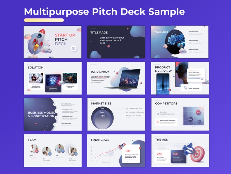 Op de afbeelding: Een voorbeeld pitchdeck-sjabloon met een blauwe en paarse achtergrond. De dia's bevatten titels zoals "Start Up Pitch Deck", "Probleem", "Oplossing", "Waarom nu?", "Product Overzicht", "Bedrijfsmodel & Monetisatie", "Markt Grootte", "Concurrenten", "Team", "Financi&euml;n" en "De Vraag".