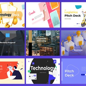Op de afbeelding: Een verzameling van negen kleurrijke dia's voor een zakelijke pitchdeck. De dia's bevatten verschillende thema's, waaronder technologie, logistiek, financi&euml;le planning, marketing en zakelijke voorstellen. Elke dia heeft een uniek ontwerp en bevat tekst en afbeeldingen.