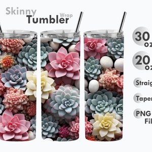 3D Succulents Tumbler Wrap, 20 oz + 30 oz Seamless Flowers Skinny Tumbler Sublimation Design, Straight + Tapered Wrap, Digital PNG 300 DPI