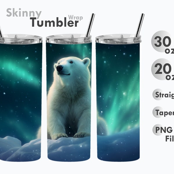 3D White Polar Bear and Northern Lights Tumbler Wrap, 20 oz + 30 oz Skinny Tumbler Sublimation Design, Straight + Tapered Wrap, PNG 300 DPI