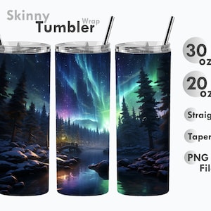 Realistic Northern Lights Tumbler Wrap, 20 oz + 30 oz Skinny Tumbler Sublimation Design, Straight + Tapered Wrap, Download PNG 300 DPI
