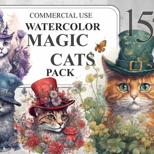 Watercolour Magic Cats Pack, 15 Watercolor Witch Cat in Hat PNG Digital Clip art, Fantasy Witchcraft Clipart Bundle, Commercial Use 300 DPI