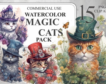 Paquete de gatos mágicos de acuarela, 15 imágenes prediseñadas digitales PNG de gatos brujos con sombrero, paquete de imágenes prediseñadas de brujería de fantasía, uso comercial, 300 DPI