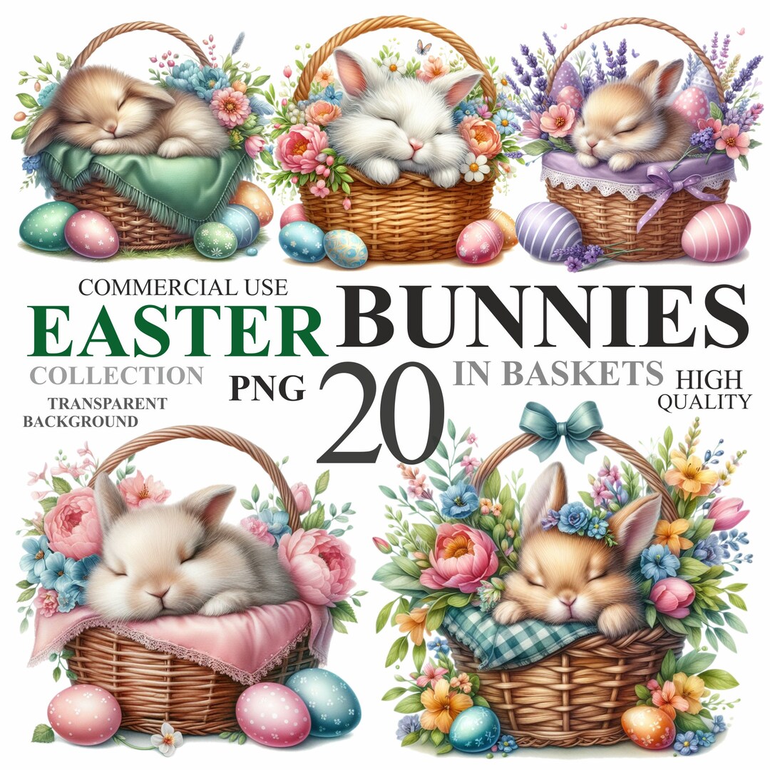 20 Watercolor Easter Bunny in Basket Pack, Cute Floral Rabbit PNG Clip ...