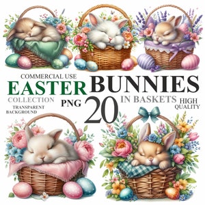 20 aquarelle lapin de Pâques dans un panier, mignon lapin floral PNG Clip art, lot de cliparts pour chambre d'enfant printemps bébés lapins, usage Commercial