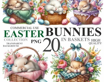 20 Watercolor Easter Bunny in Basket Pack, Cute Floral Rabbit PNG Clip art, Spring Baby Bunnies Nursery Clipart Bundle, Commercial Use