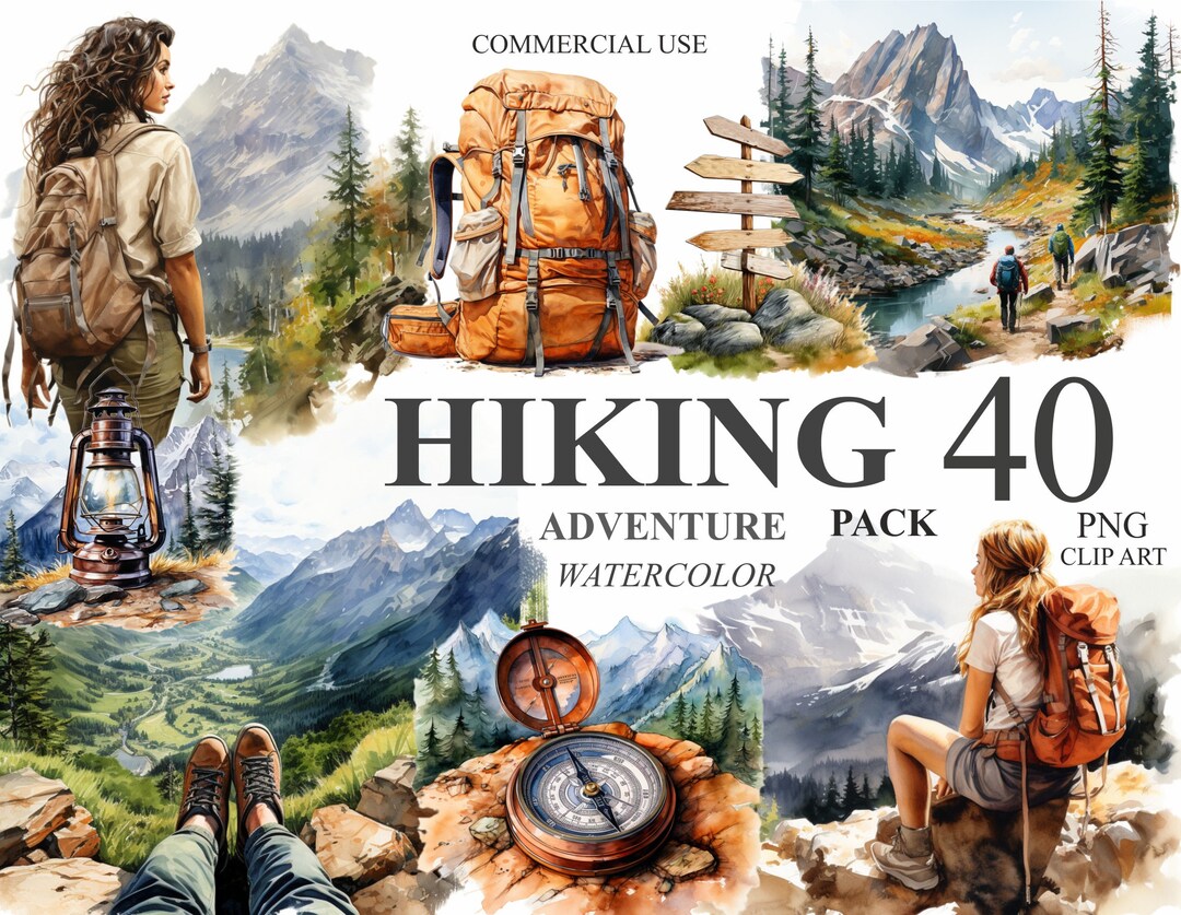 40 Hiking Adventure Clipart, Watercolor Outdoor Vacation PNG Digital ...