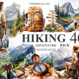 40 Wandern Abenteuer Clipart, Aquarell Outdoor Urlaub PNG digitale ClipArt, Camping Sommer Reisen Bundle, Natur Illustrationen, 300 DPI