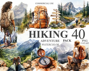 40 Hiking Adventure Clipart, Watercolor Outdoor Vacation PNG Digital Clip Art, Camping Summer Travel Bundle, Nature Illustrations, 300 DPI