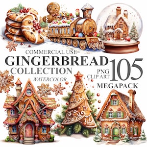 105 megapack pain d'épice Collection Clipart, aquarelle Noël biscuits de vacances PNG numérique Clip Art, maisons de Noël, usage Commercial 300 DPI