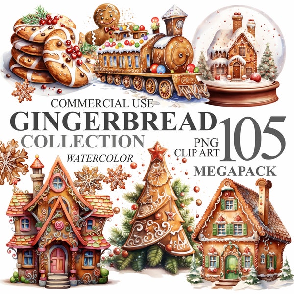 Paquete de 105 imágenes prediseñadas de la colección de pan de jengibre, galletas navideñas de acuarela PNG, imágenes prediseñadas digitales, casas navideñas, uso comercial, 300 DPI