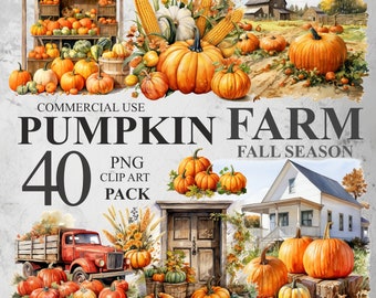 May include: A digital clip art pack of 40 images featuring pumpkins, farmhouses, and fall foliage. The text "Commercial Use Pumpkin Farm Fall Season" is displayed on the image.