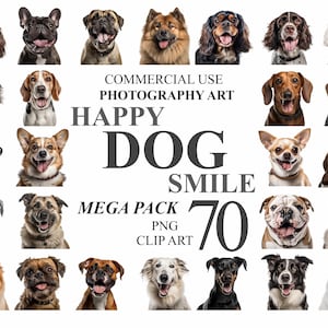 70 Happy Smile honden MEGAPACK, huisdier fotografie kunst PNG digitale illustraties, hond portret clipart bundel, fotobeelden van hoge kwaliteit 300 DPI