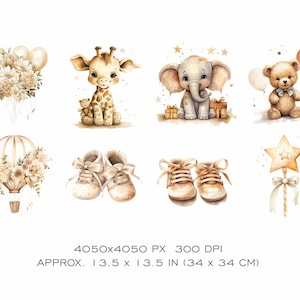 Op de afbeelding: Een set van acht aquarel illustraties met een giraffe, olifant, teddybeer, luchtballon, babyschoentjes en een sterrewand. De illustraties zijn in tinten bruin, beige en goud.