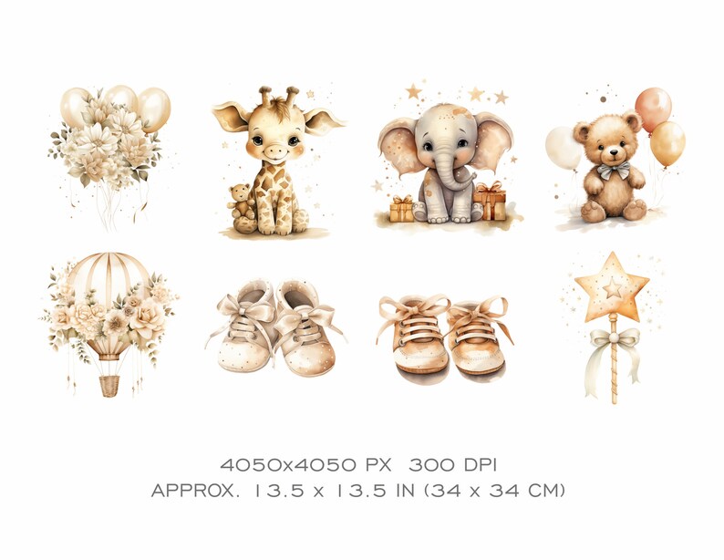 Op de afbeelding: Een set van acht aquarel illustraties met een giraffe, olifant, teddybeer, luchtballon, babyschoentjes en een sterrewand. De illustraties zijn in tinten bruin, beige en goud.