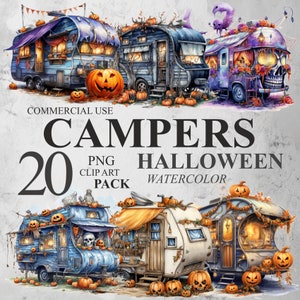 20 imágenes prediseñadas de campistas de Halloween, imágenes prediseñadas digitales PNG de caravana espeluznante en acuarela, paquete de imágenes prediseñadas de brujas espeluznantes, ilustraciones espeluznantes, 300 DPI