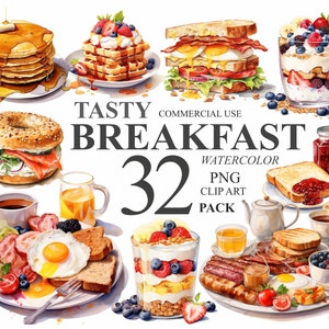 32 Tasty Breakfast Clipart, Watercolor Morning Food PNG Digital Clip art, Menu Illustration, Transparent Background Food Clip art Bundle