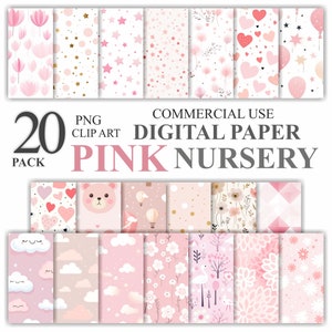 Lot de 20 papiers numériques pour chambre d'enfant rose, album de scrapbooking motif sans couture ours en peluche, fond de shower de bébé fille imprimable, usage commercial