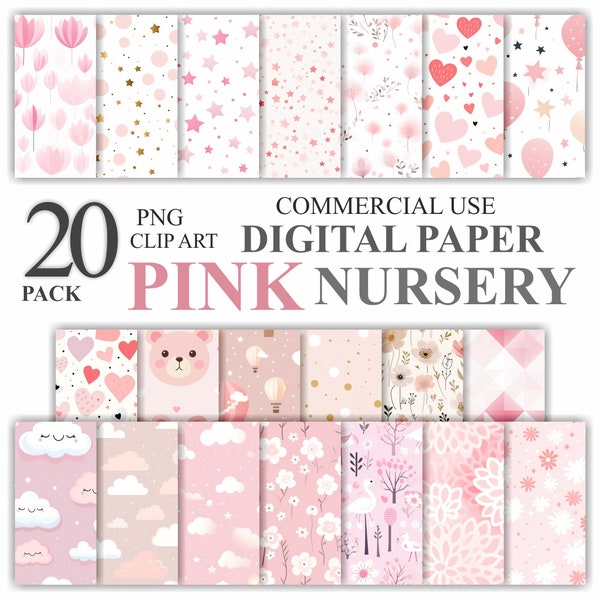20 Pink Nursery Digital Paper Bundle Pack, Teddy Bear Seamless Pattern Scrapbook, Printable Girl Baby Shower Background, Commercial Use