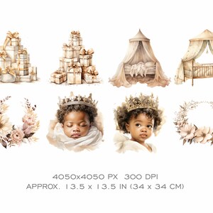 Op de afbeelding: Een digitale collage van aquarel illustraties met een baby die een kroon draagt, een hemelbed, een wieg, een krans van bloemen en stapels ingepakte cadeaus. De illustraties zijn in beige, bruin en witte tinten.