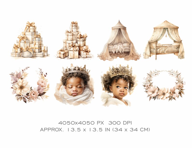 Op de afbeelding: Een digitale collage van aquarel illustraties met een baby die een kroon draagt, een hemelbed, een wieg, een krans van bloemen en stapels ingepakte cadeaus. De illustraties zijn in beige, bruin en witte tinten.